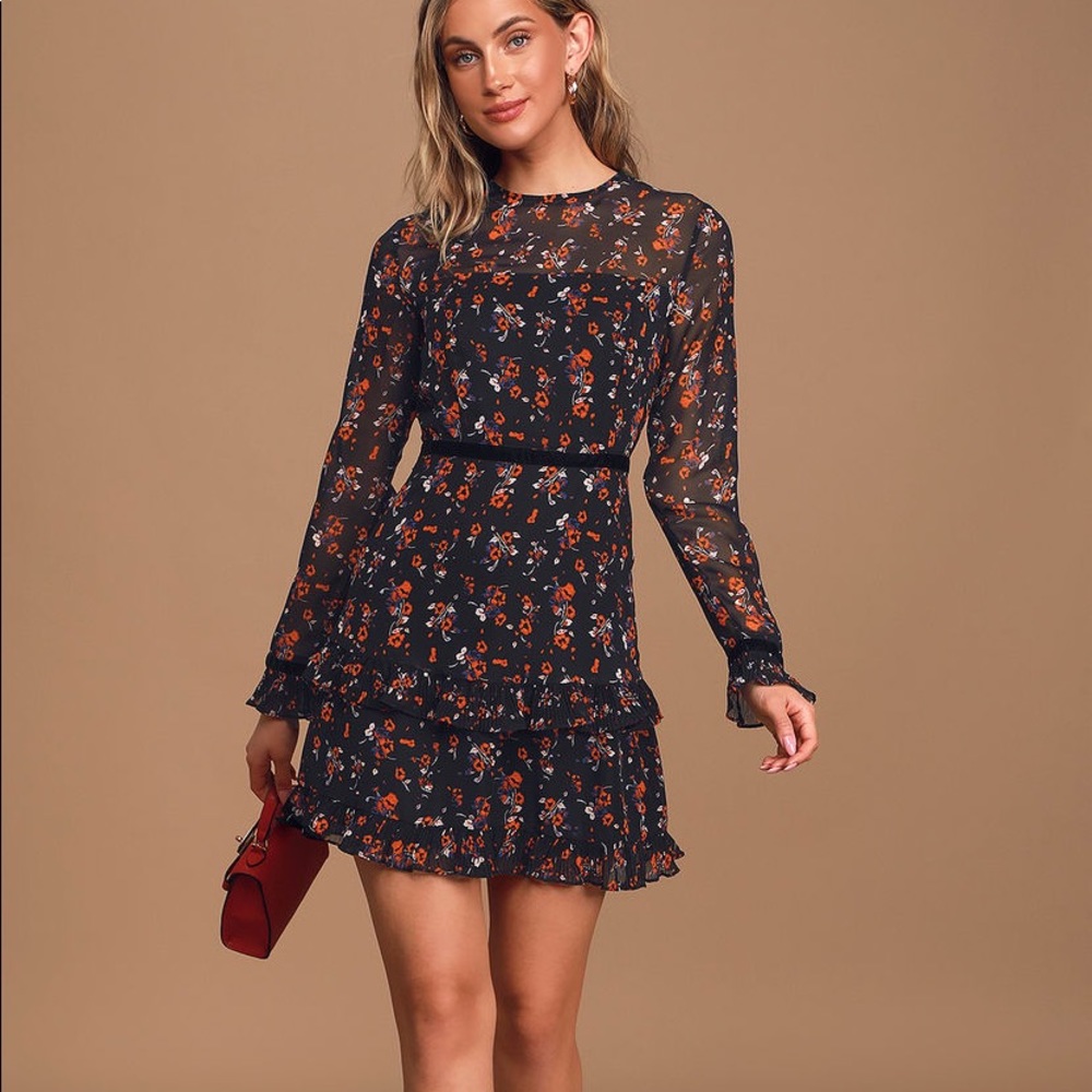 Floral to See Black Floral Print Long Sleeve Mini Dress